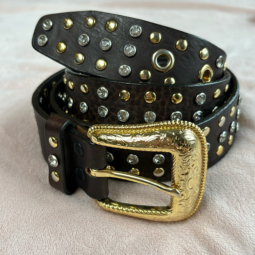 Studded Rhinestone Brown Belt Size L